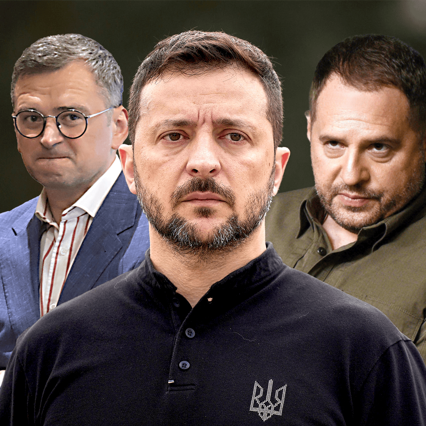 Der ehemalige Außenminister Dmytro Kuleba, Präsident Wolodymyr Selenskyj und Präsidialamtschef Andrij Jermak (v. l. n. r., Montage): Vor Kulebas Rücktritt gab es allerlei Gerüchte über einen Zwist mit Jermak.