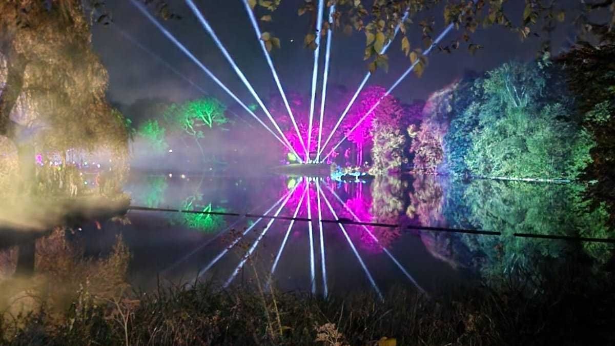 Blick auf den beleuchten See im Fredenbaumpark: Hier stiegen am Samstag dutzende Drohnen in den Himmel - aber nur kurz.