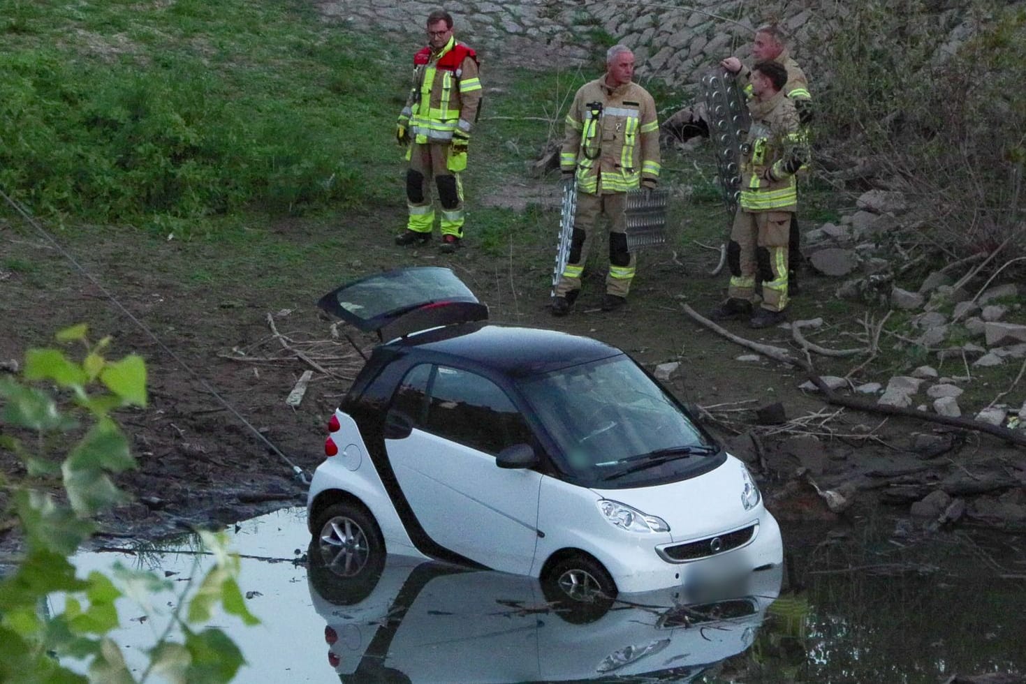 Kurioser Unfall am Rhein: Smart rollte Uferböschung runter und l