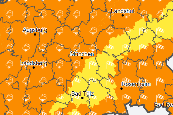 Warnkarte des DWD in der Nacht: Im ganzen Freistaat warnt der Wetterdienst vor Gewittern und Windböen in der Nacht zu Montag.