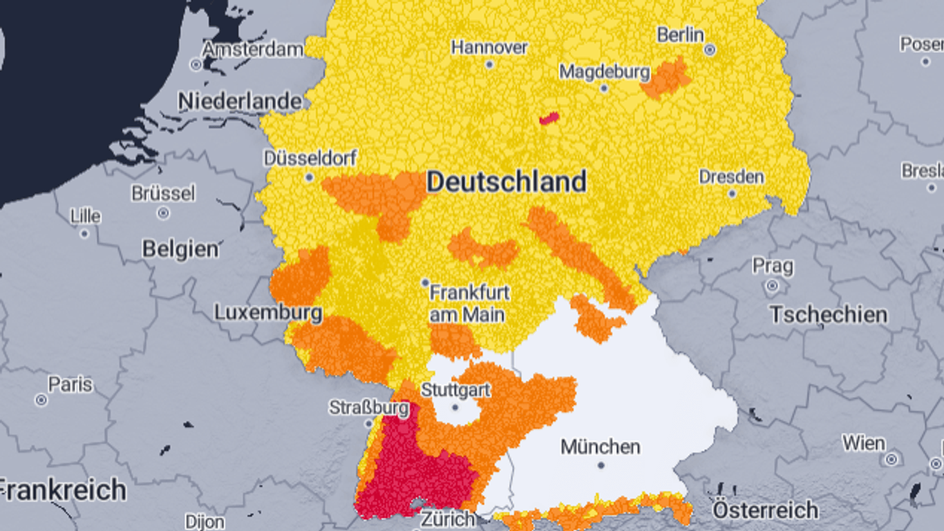 Die aktuelle Unwetterkarte: Für fast ganz Deutschland gelten Unwetterwarnungen.