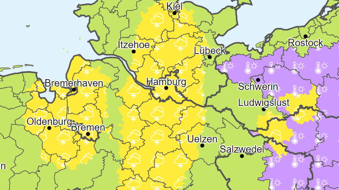 Im gelb-markierten Bereich warnt der DWD am Mittwochmorgen vor Gewittern und Sturmböen.