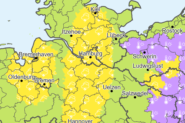 Im gelb-markierten Bereich warnt der DWD am Mittwochmorgen vor Gewittern und Sturmböen.