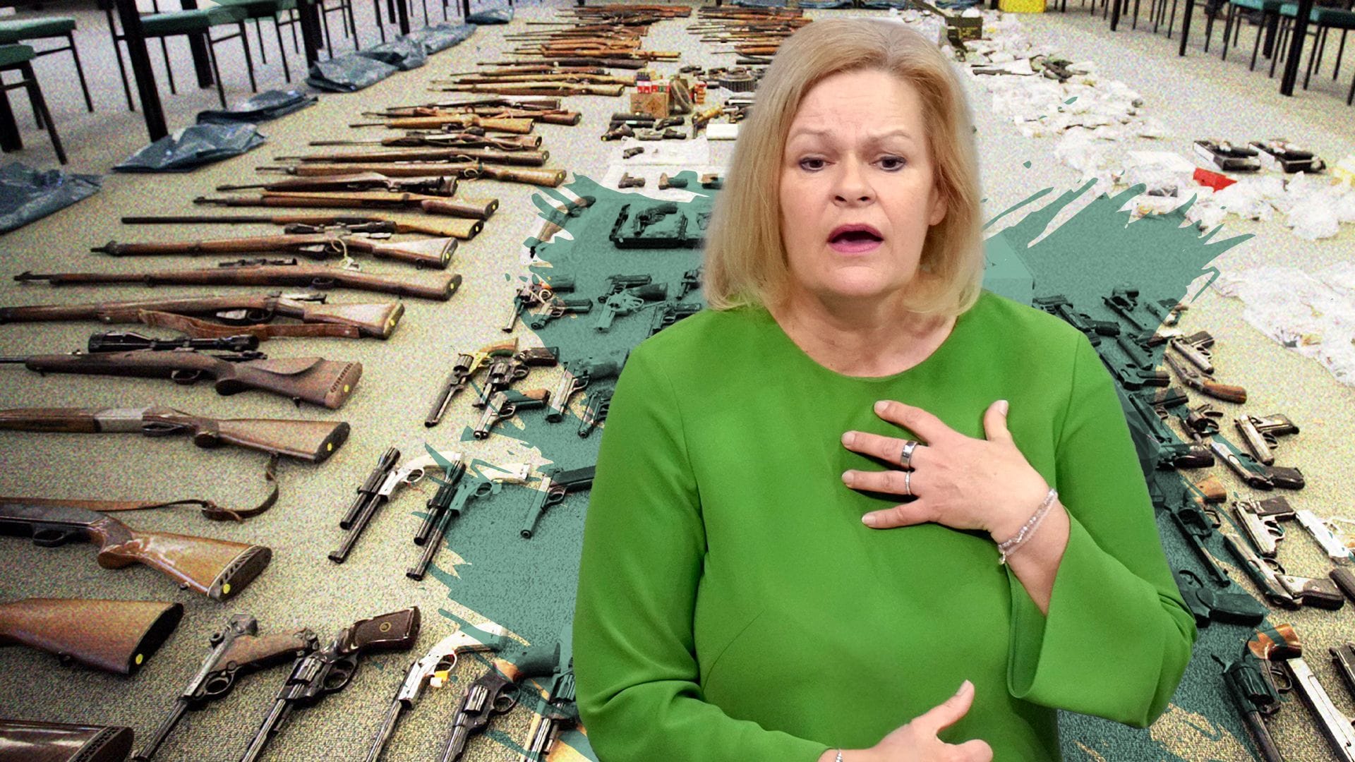 Innenministerin Nancy Faeser (SPD)/Waffen (Collage): Zigtausende illegale Schusswaffen sollten eigentlich bei der Polizei abgegeben werden.