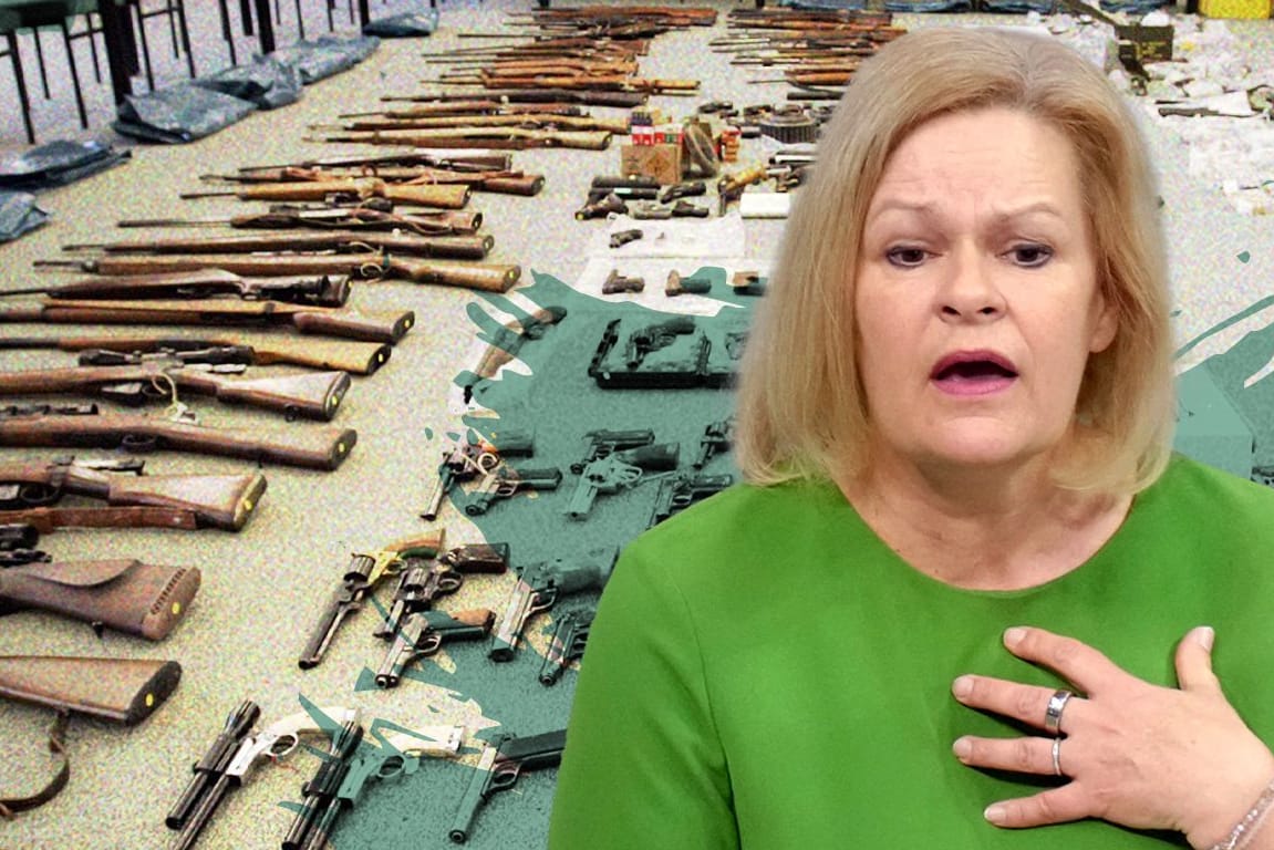 Innenministerin Nancy Faeser (SPD)/Waffen (Collage): Zigtausende illegale Schusswaffen sollten eigentlich bei der Polizei abgegeben werden.