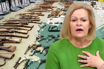 Innenministerin Nancy Faeser (SPD)/Waffen (Collage): Zigtausende illegale Schusswaffen sollten eigentlich bei der Polizei abgegeben werden.