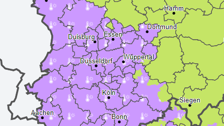 Im lila-markierten Gebiet warnt der Wetterdienst vor der Hitze.