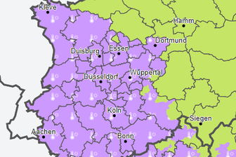 Im lila-markierten Gebiet warnt der Wetterdienst vor der Hitze.