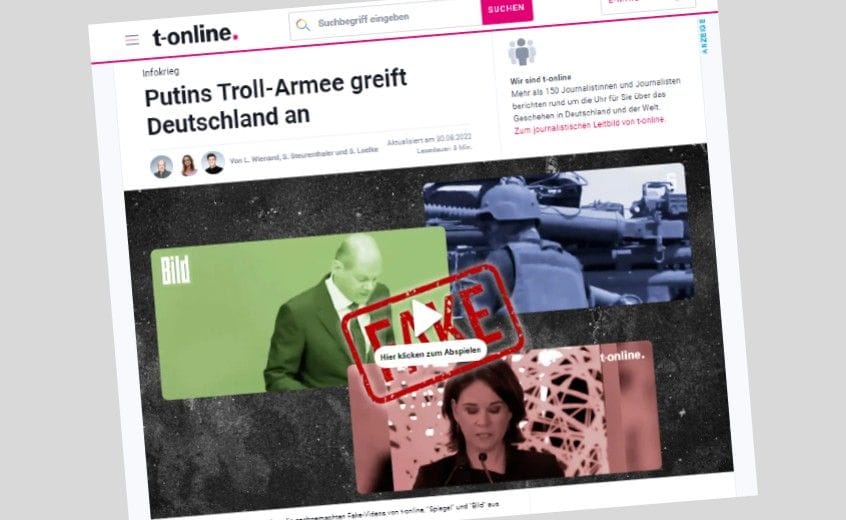 Enthüllung: Im August 2022 berichtet t-online, dass es eine Flut von Fakes aus Russland gibt. International wurde das später als "Doppelgänger"-Kampagne bekannt.