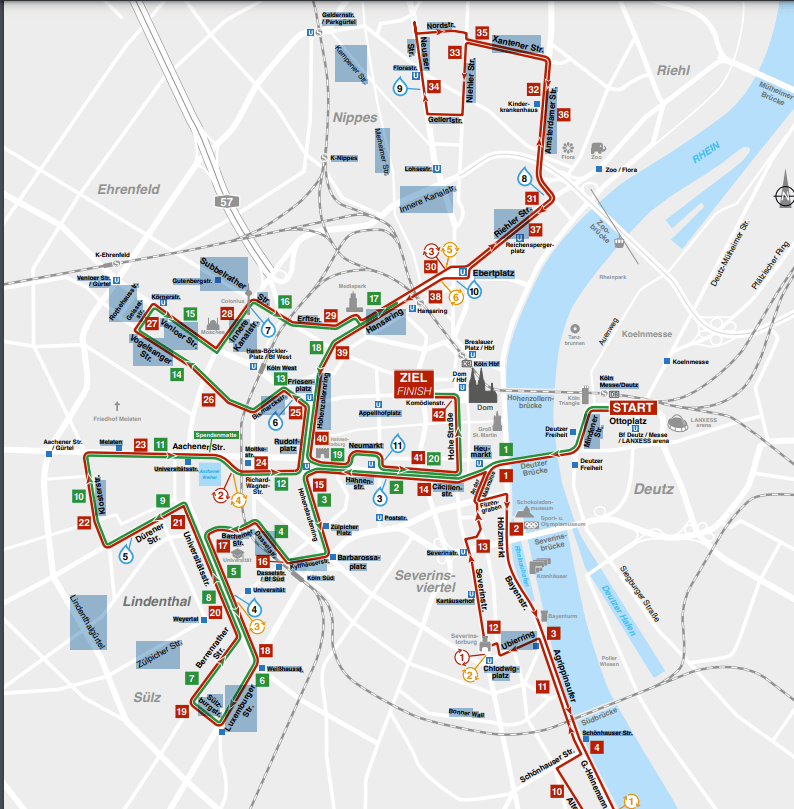 Der Streckenverlauf des Marathons (rot) und Halbmarathons (grün).