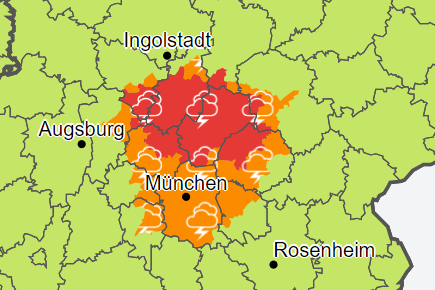 Im rot markierten Gebiet hat der Deutsche Wetterdienst für die Nacht die zweithöchste Warnstufe ausgerufen. Orange ist die dritthöchste Warnstufe.