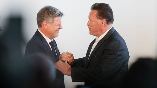 The laudation for Arnold Schwarzenegger was given by Vice Chancellor and Federal Minister of Economics Robert Habeck (Greens). (Source: Markus Schreiber/afp)