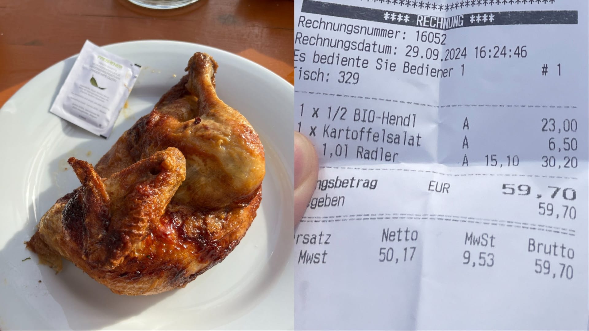 Das Paulaner-Zelt hält 2024 den Rekord für den Hendl-Preis: Mit Beilage ist man fast 30 Euro los.