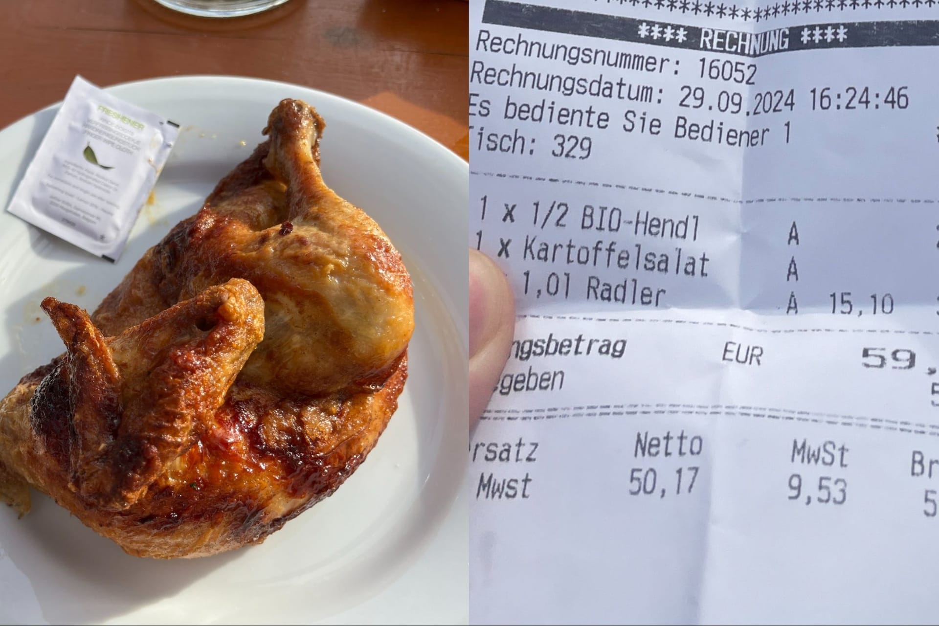 Das Paulaner-Zelt hält 2024 den Rekord für den Hendl-Preis: Mit Beilage ist man fast 30 Euro los.