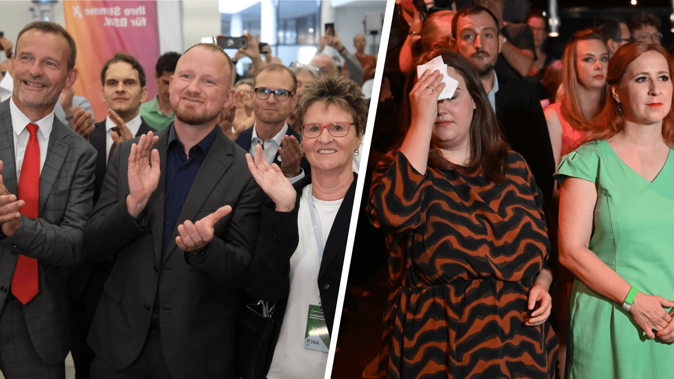 Während Jörg Scheibe, Sabine Zimmermann und Christian Leye (v.l.n.r.) vom Bündnis Sachsen Wählen in Dresden ausgelassen feiern, herrscht bei Ricarda Lang und Franziska Schubert von den Grünen Enttäuschung und Anspannung.