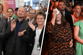 Während Jörg Scheibe, Sabine Zimmermann und Christian Leye (v.l.n.r.) vom Bündnis Sachsen Wählen in Dresden ausgelassen feiern, herrscht bei Ricarda Lang und Franziska Schubert von den Grünen Enttäuschung und Anspannung.