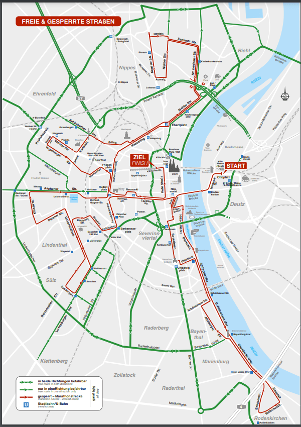 Die Karte zeigt einen Ausschnitt der freien und gesperrten Straßen im Kölner Stadtgebiet: Am Sonntag müssen Autofahrer Umwege in Kauf nehmen.