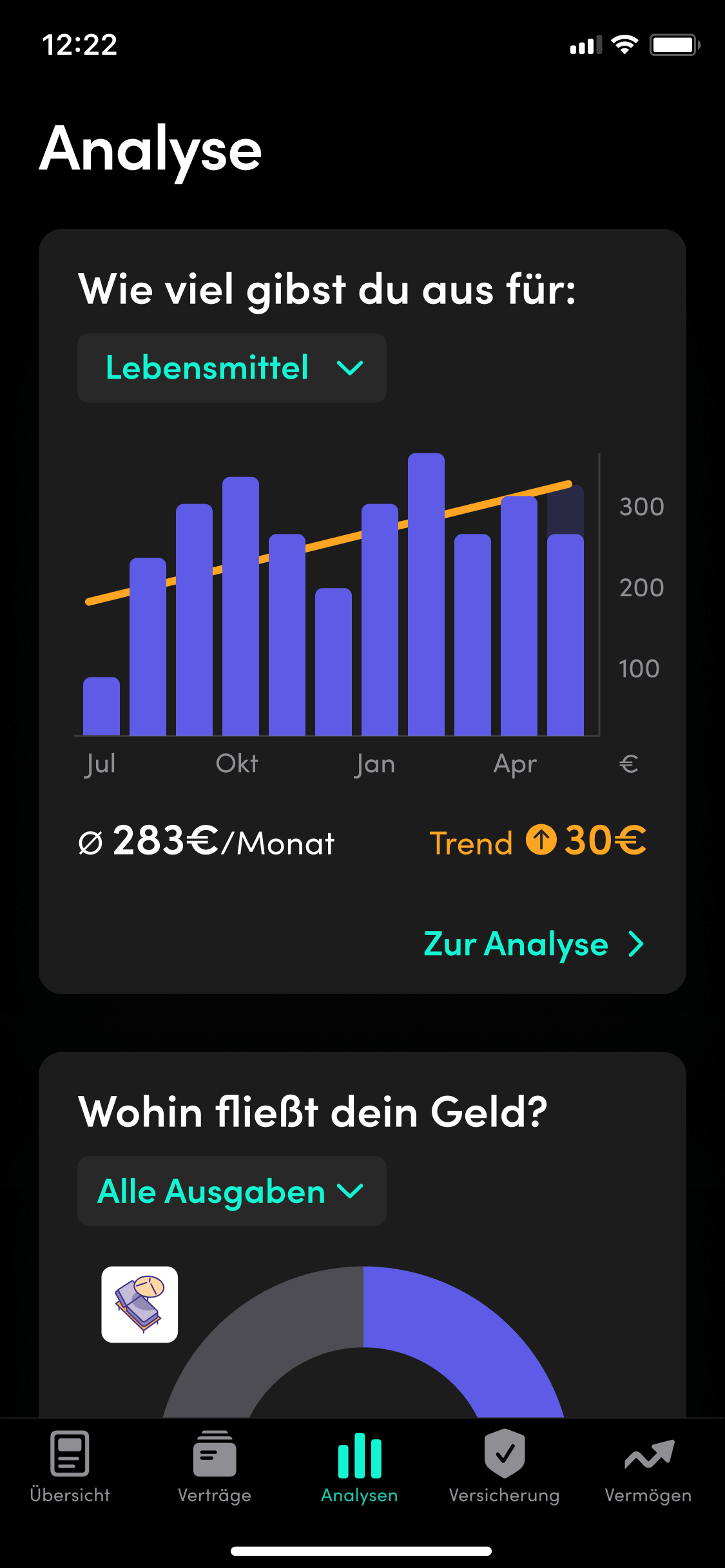 Beispielhafter Screenshot der Analysefunktion im Rahmen der App "Finanzguru"