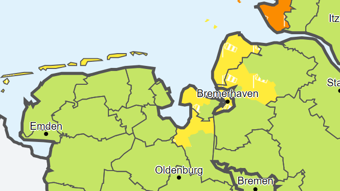 Im gelb markierten Gebiet warnt der Deutsche Wetterdienst am Mittwochmorgen vor Windböen.