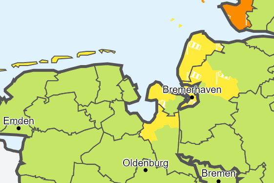 Im gelb markierten Gebiet warnt der Deutsche Wetterdienst am Mittwochmorgen vor Windböen.