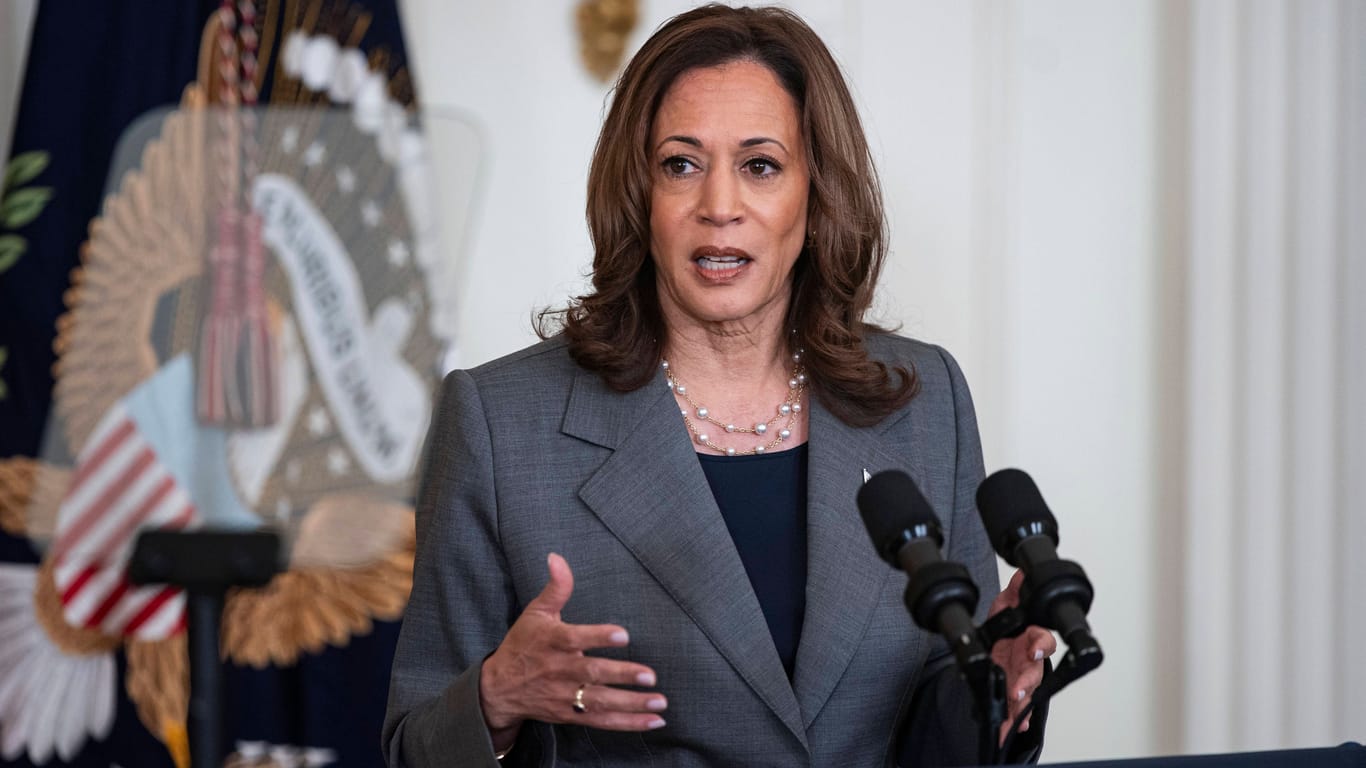 Kamala Harris spricht zu Reportern (Archivbild): Die Präsidentschaftskandidatin hat Andeutungen zu Kryptowährungen gemacht.