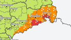 In den rot und orange-markierten Gebieten warnt der Deutsche Wetterdienst seit dem Donnerstagabend vor Dauerregen.