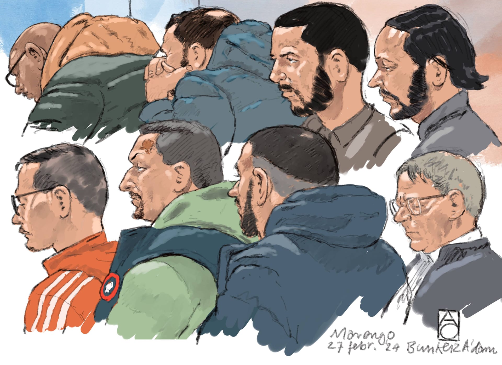 Gerichtszeichnung: Bis 2024 standen Ridouan Taghi und 16 weitere Mitangeklagte wegen zahlreicher Morde und Mordversuche vor Gericht.