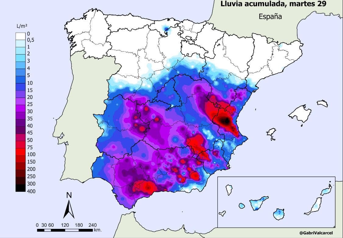 Die erheblichen Regenmengen, die in Spanien am Dienstag runterkamen in Liter pro Quadratmeter.