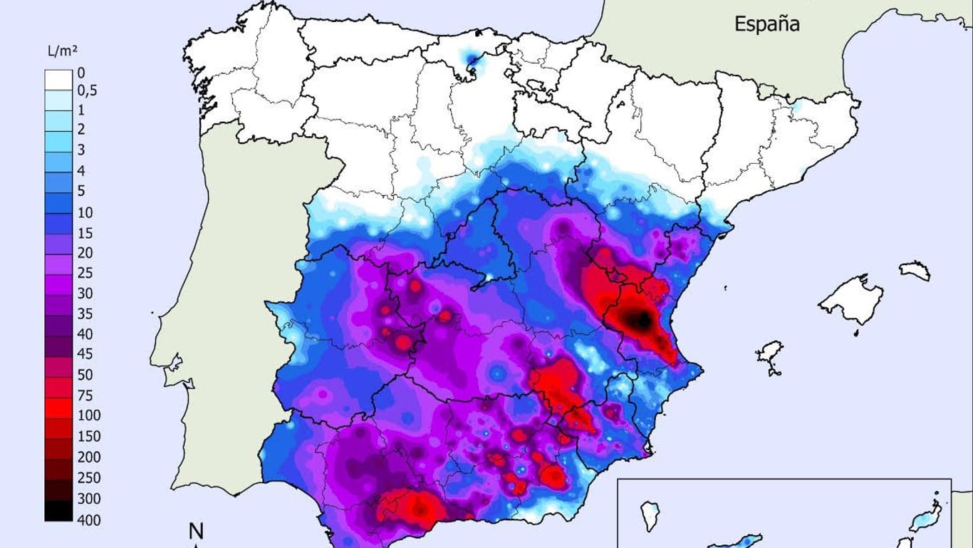 Die erheblichen Regenmengen, die in Spanien am Dienstag runterkamen in Liter pro Quadratmeter.