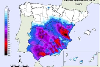 Die erheblichen Regenmengen, die in Spanien am Dienstag runterkamen in Liter pro Quadratmeter.