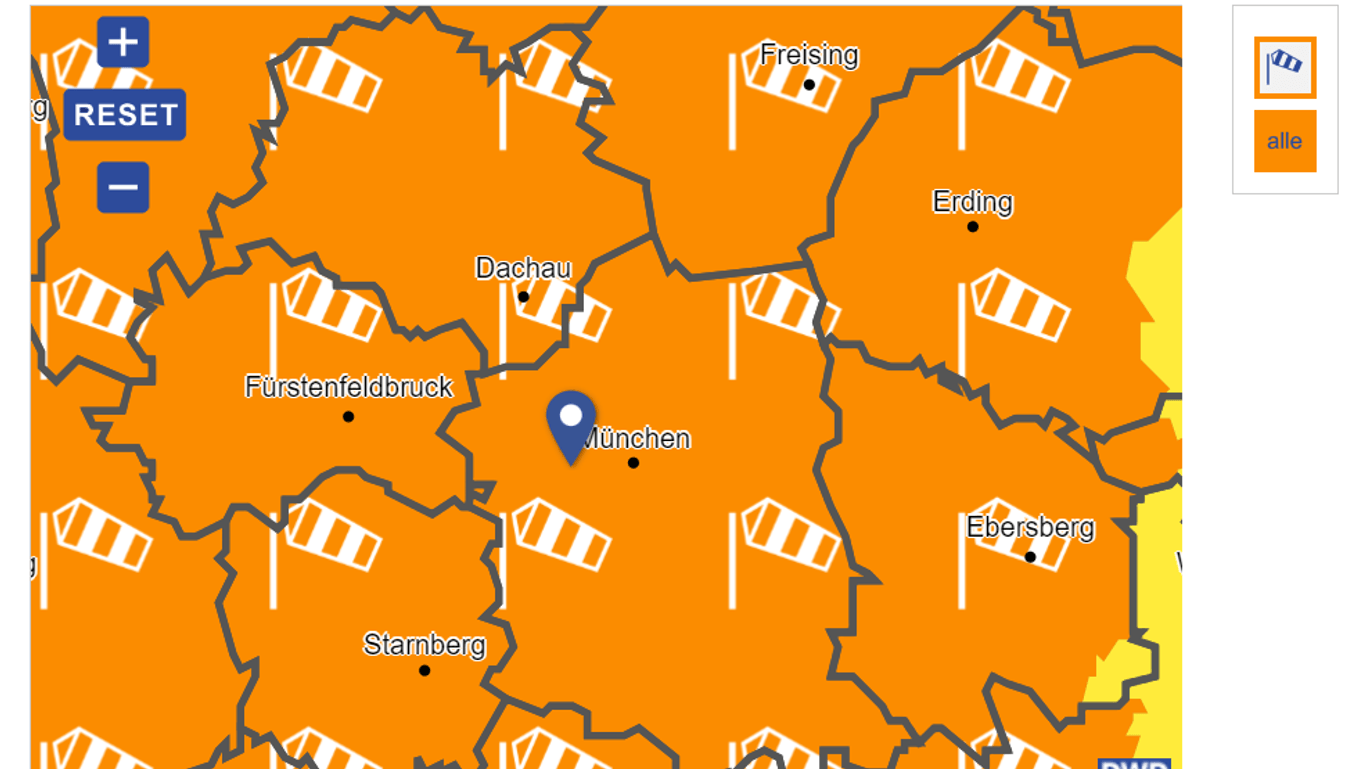 Für die Stadt München und Umgebung hat der Deutsche Wetterdienst eine Warnung vor Sturmböen herausgegeben.