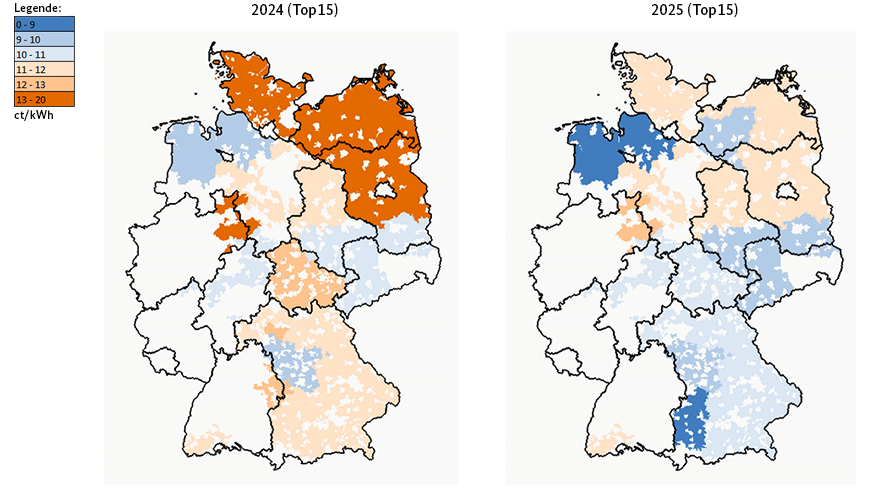 Die Karten zeigen die Veränderung der Netzentgelte der Jahre 2024 und 2025 für einen durchschnittlichen Haushalt mit einem Verbrauch von 3.500 kWh/Jahr im Vergleich. Die weißen Flächen bedeuten, dass hier die Netzentgelte noch nicht bekannt sind.