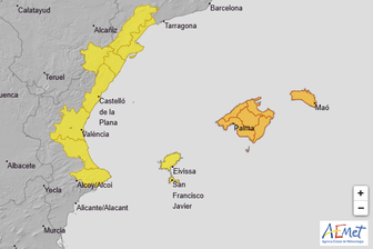 Die Warnkarte des spanischen Wetterdienstes für Freitag: Im Osten Spaniens und auf den Balearen drohen neue Unwetter.