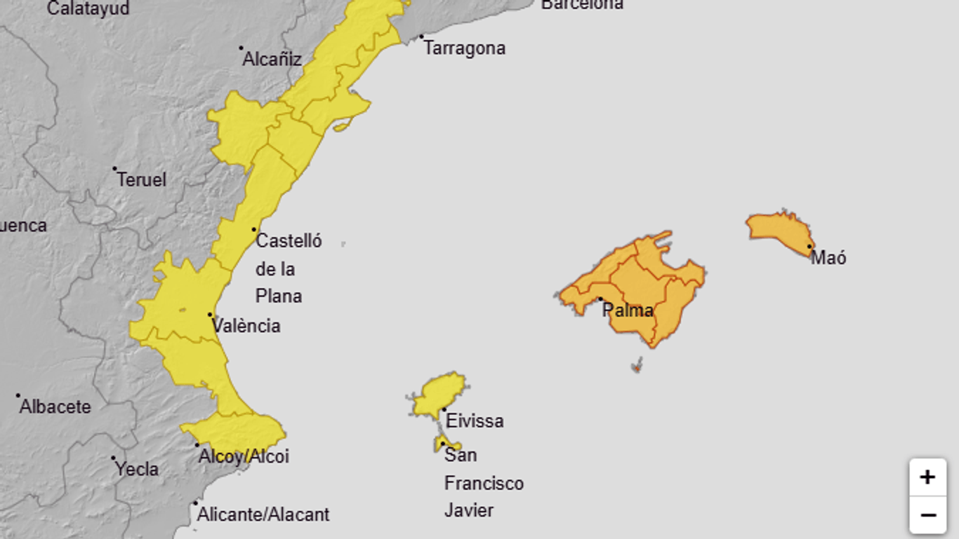 Die Warnkarte des spanischen Wetterdienstes für Freitag: Im Osten Spaniens und auf den Balearen drohen neue Unwetter.