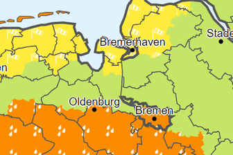 Im orange markierten Gebiet warnt der Wetterdienst vor Dauerregen, im gelb markierten Bereich vor Windböen. Im grünen Bereich gibt es nichts zu befürchten.