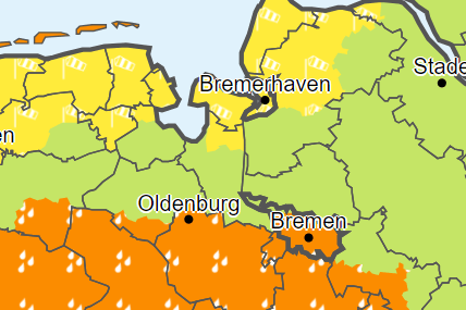 Im orange markierten Gebiet warnt der Wetterdienst vor Dauerregen, im gelb markierten Bereich vor Windböen. Im grünen Bereich gibt es nichts zu befürchten.