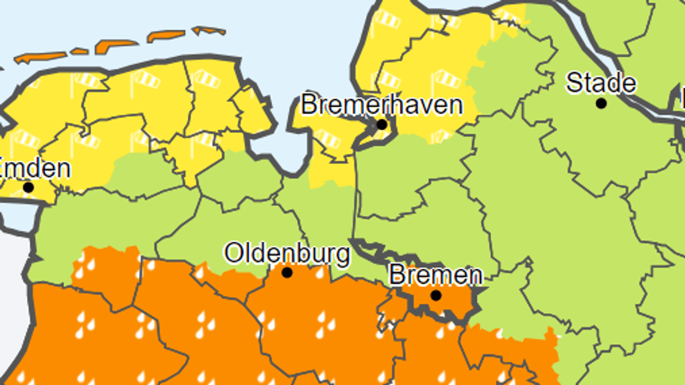 Im orange markierten Gebiet warnt der Wetterdienst vor Dauerregen, im gelb markierten Bereich vor Windböen. Im grünen Bereich gibt es nichts zu befürchten.