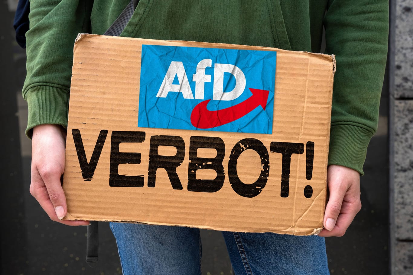 Eine Pappe mit der Aufschrift "AfD VERBOT!": Viele Bürger empfinden die Partei als demokratiegefährdend.