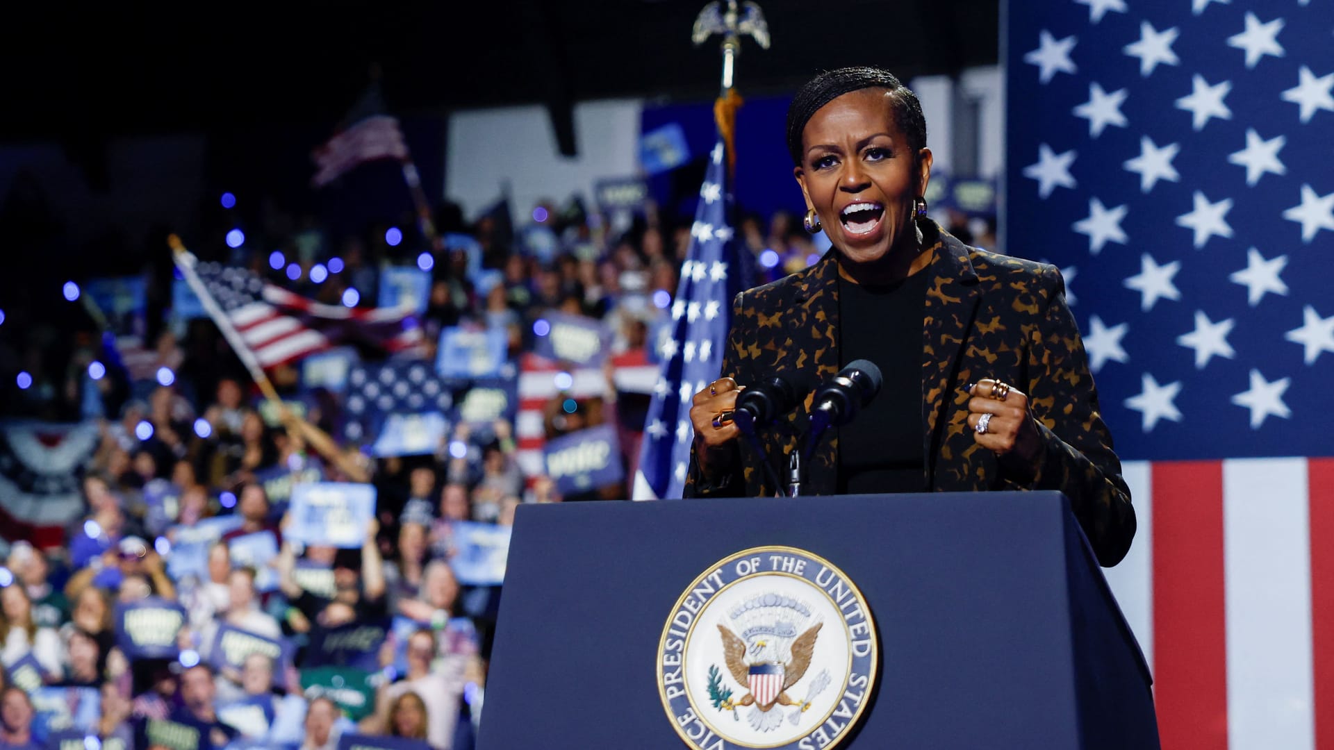 "Verzeiht mir, dass ich frustiert bin": Michelle Obama vor Anhängern in Kalamazoo, Michigan.