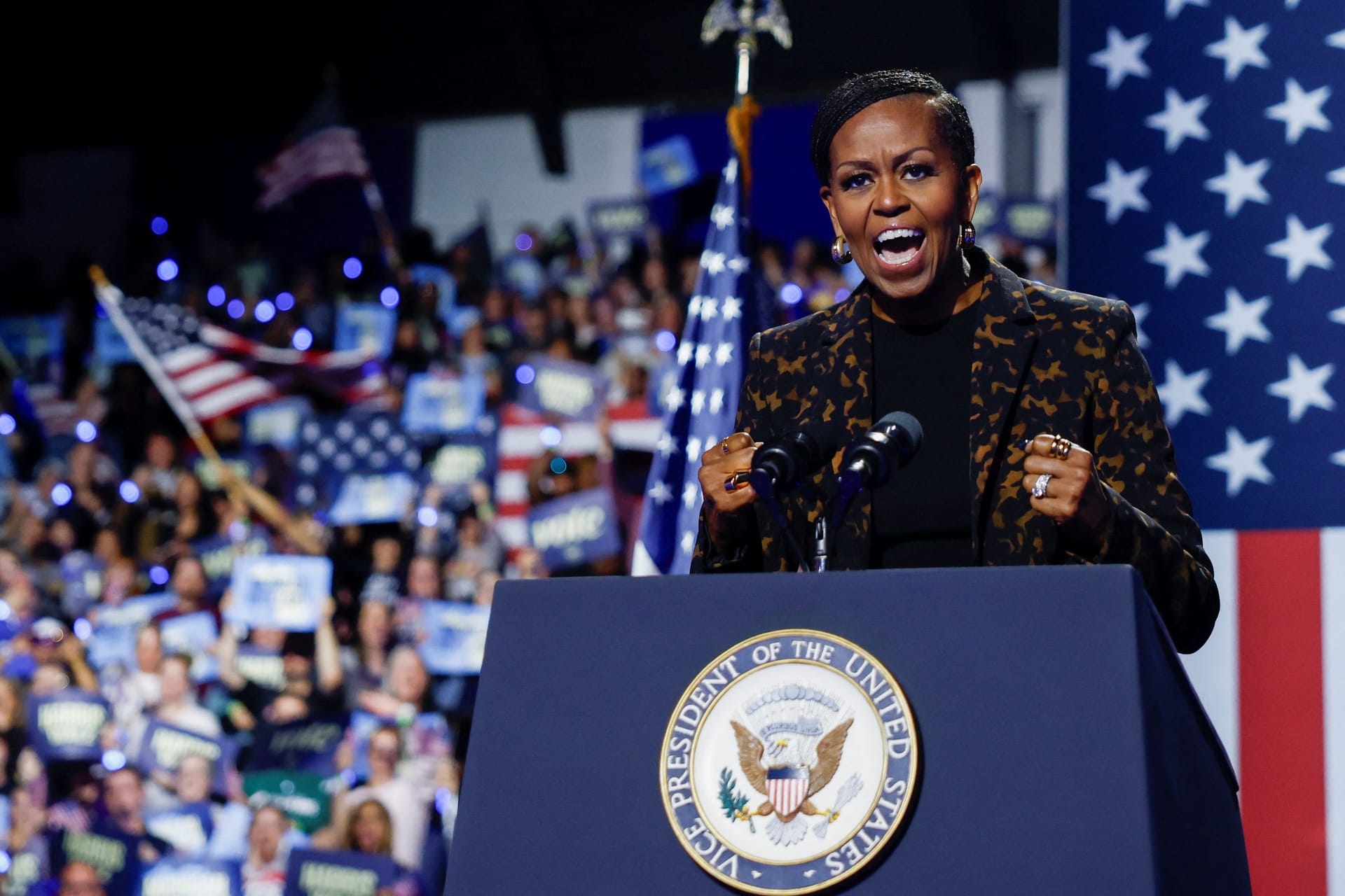 "Verzeiht mir, dass ich frustiert bin": Michelle Obama vor Anhängern in Kalamazoo, Michigan.