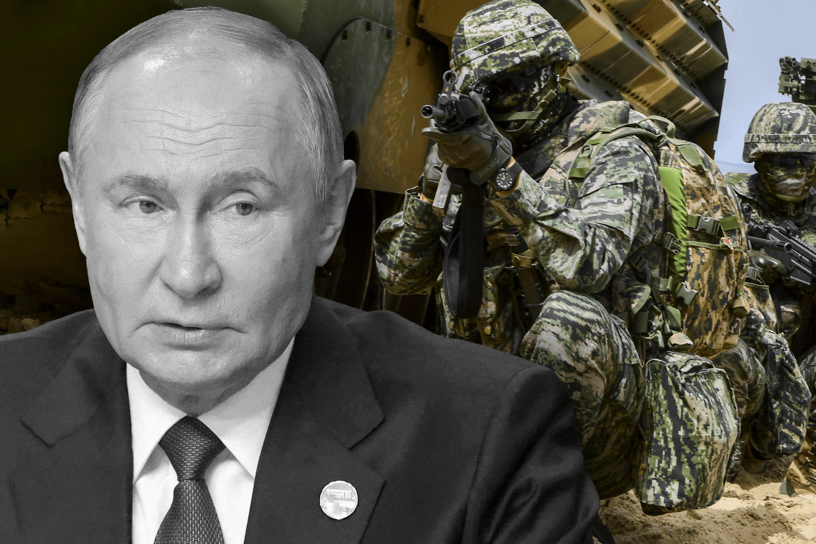 Wladimir Putin und südkoreanische Soldaten: Russland riskiert mit seinem Schulterschluss mit der nordkoreanischen Kim-Diktatur ein verstärktes Engagement Südkoreas im Ukrainekrieg.