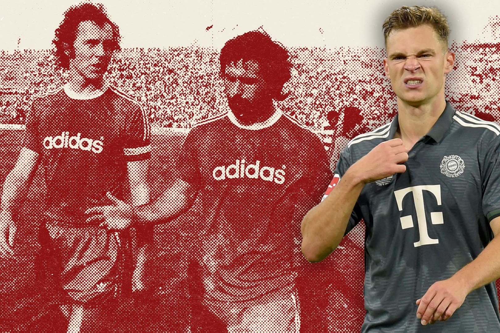 Die Bayern gestern und heute: Das kongeniale Duo Beckenbauer und Müller (v.l.) und Kimmich aus der 2024er-Mannschaft