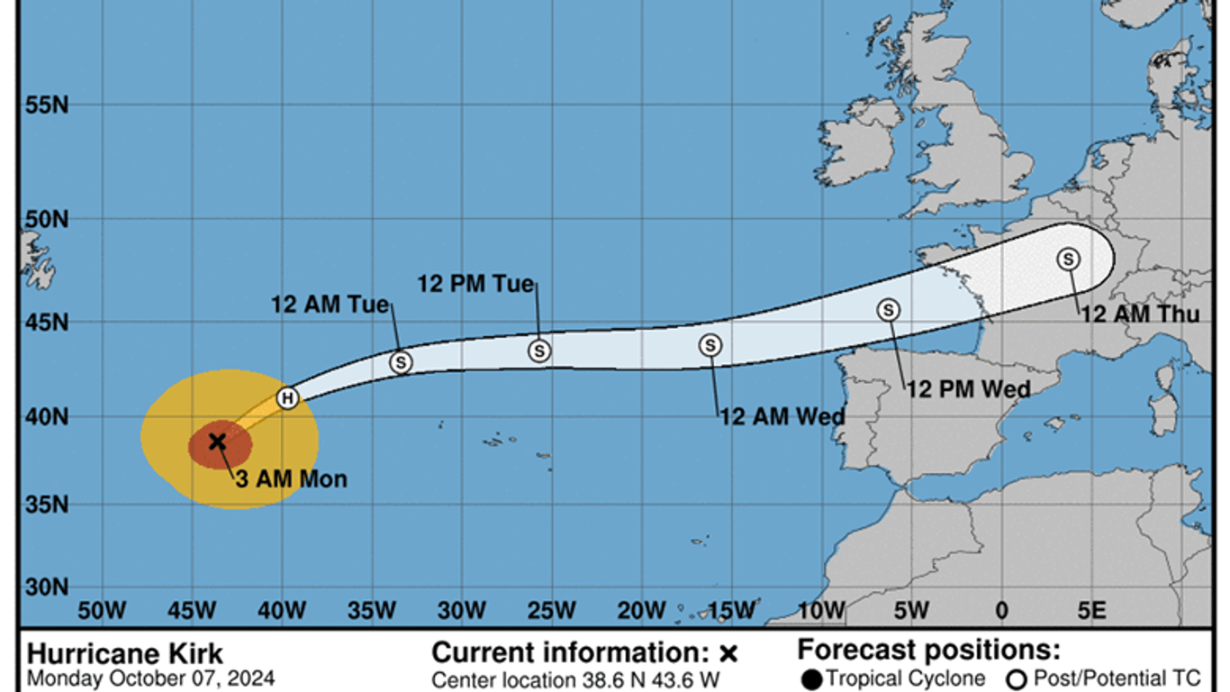 Der voraussichtliche Pfad des Hurrikans "Kirk": Der Sturm zieht auf Europa zu.