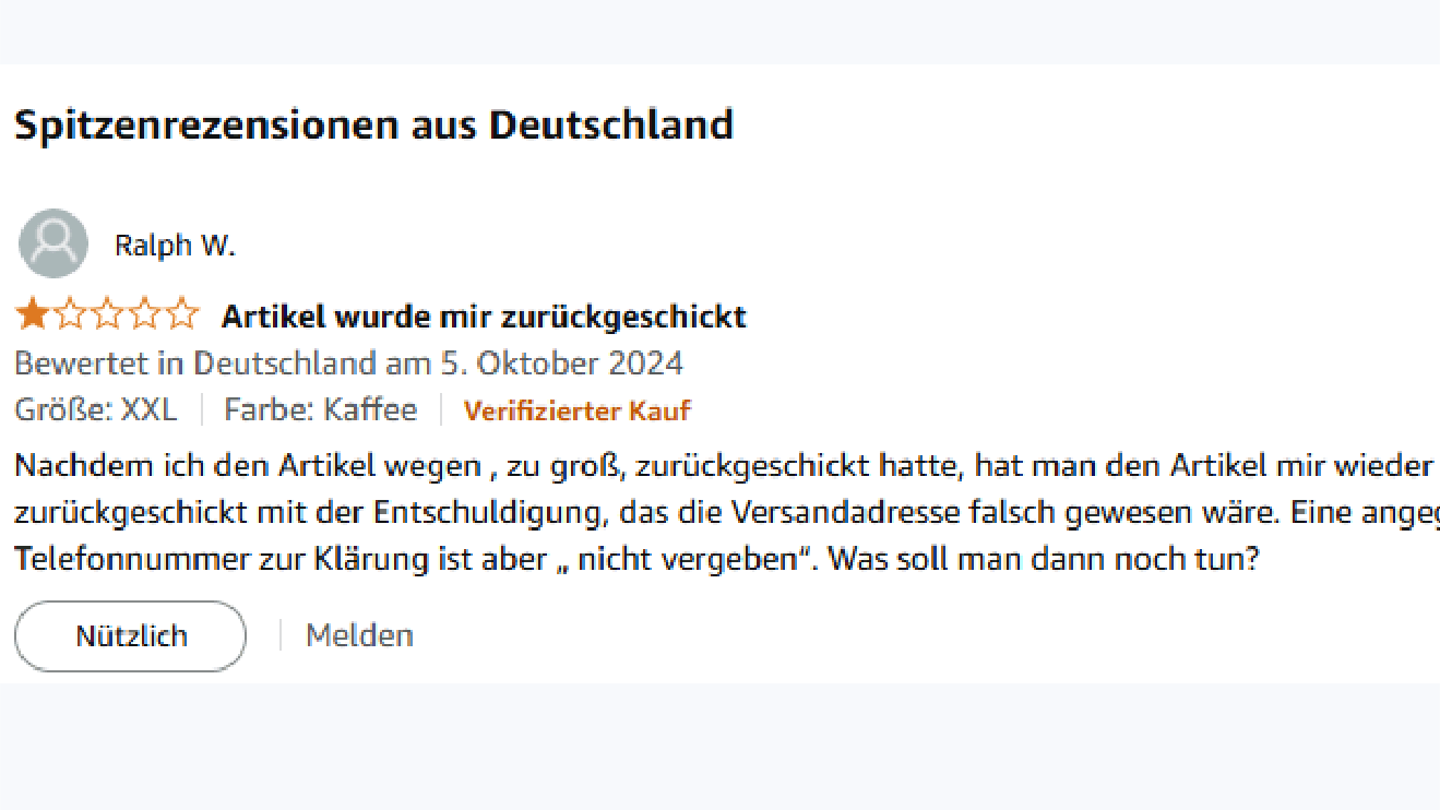 Enttäuschter Käufer: Das Paket wurde zurückgeschickt, die Telefonnummer stimmte nicht.