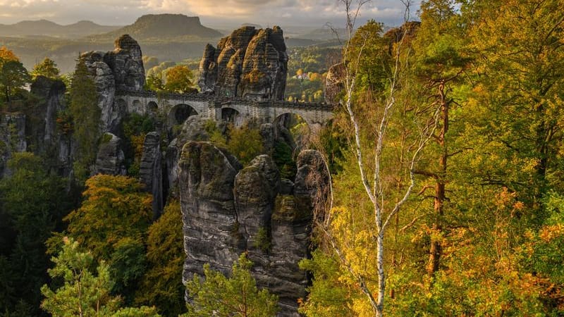 Sonnenlicht fällt am Morgen auf die herbstlich gefärbten Bäume im Nationalpark Sächsische Schweiz nahe der Basteibrücke: Das sächsische Klettern folgt eigenen Regeln.