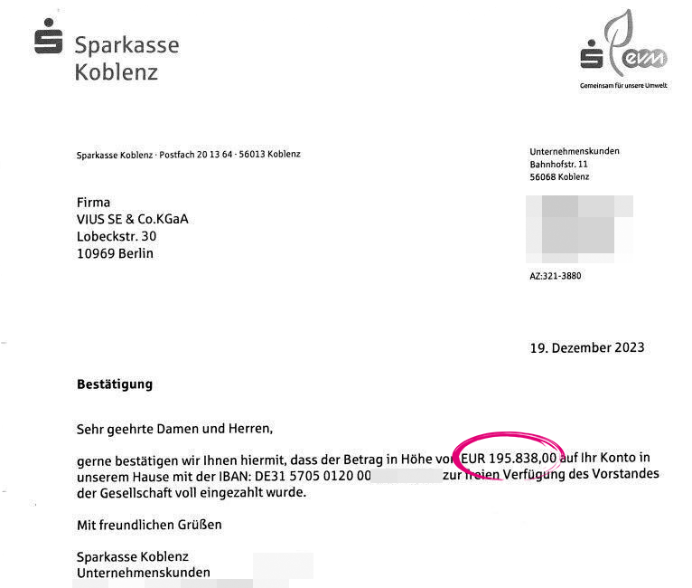 Bestätigung des Zahlungseingangs zur Kapitalerhöhung: Das Konto hält die Berliner Gesellschaft bei der Sparkasse in Gotthardts Heimatort.