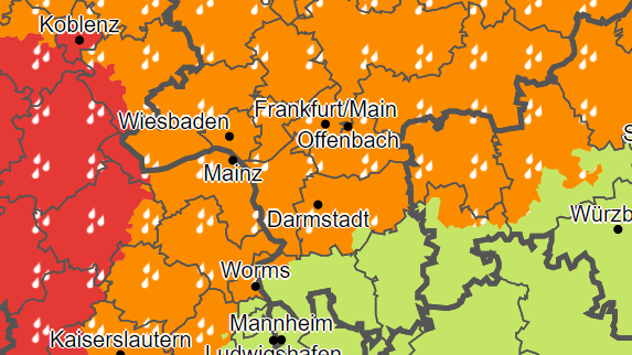 Im orange-markierten Gebiet warnt der DWD vor Dauerregen von bis zu 50 Litern pro Quadratmetern innerhalb eines Tages.