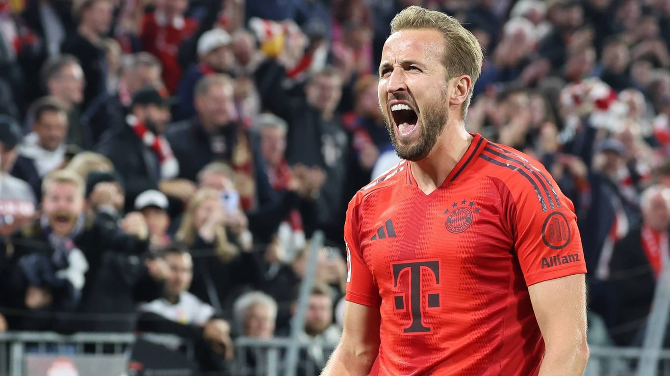 Harry Kane schreit sich den Frust von der Seele: Nach langer Torflaute traf er im Bundesliga-Topspiel dreifach.