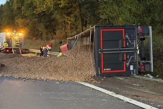 Der umgekippte Lkw auf der A9: Die Autobahn ist derzeit voll gesperrt.