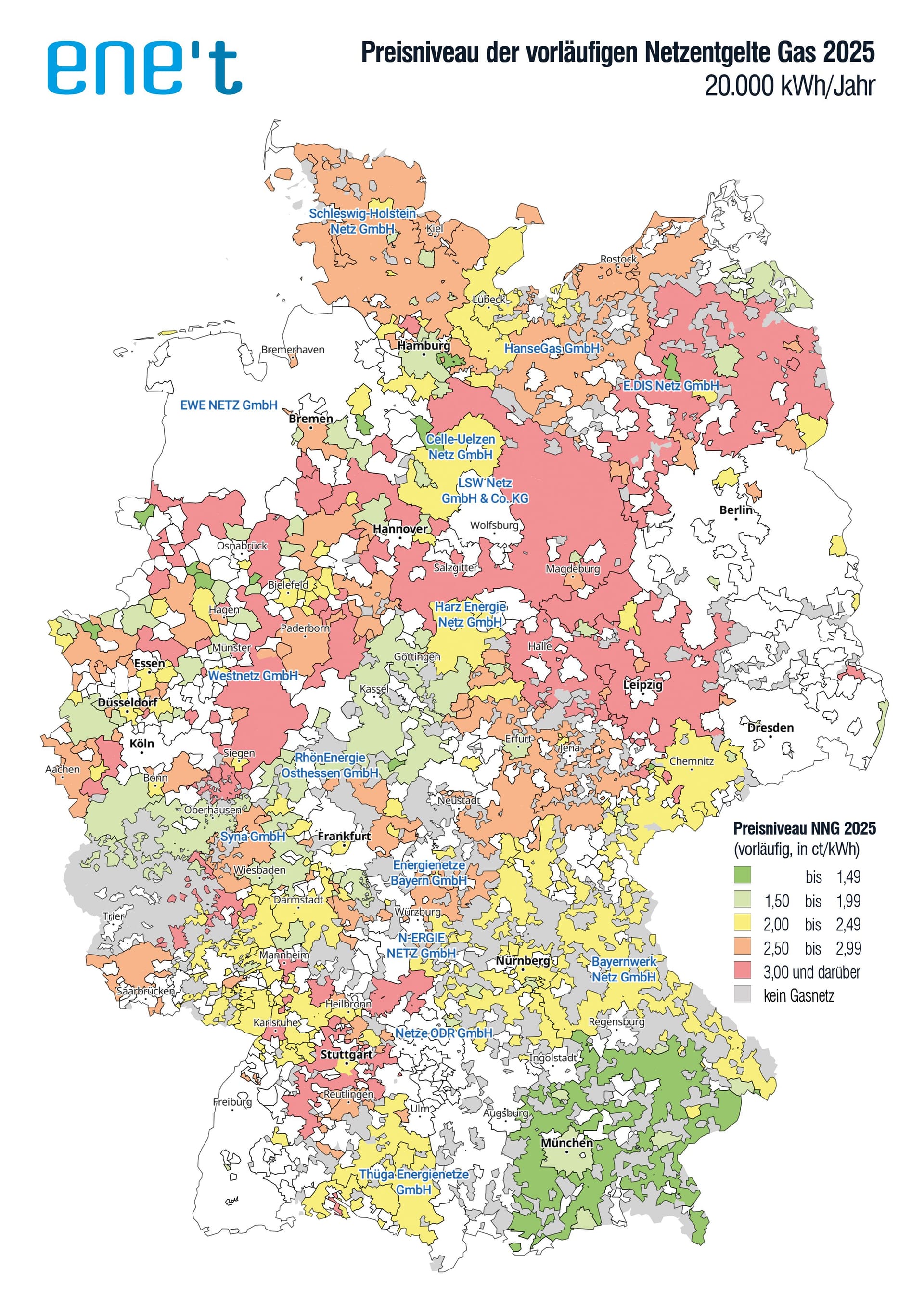 Preisniveau der vorläufigen Netzentgelte Gas 2025Abnahmefall: Familien-Haushalt, 20.000 kWh/Jahr, 11 kW Leistung, SLP, Niederdruck